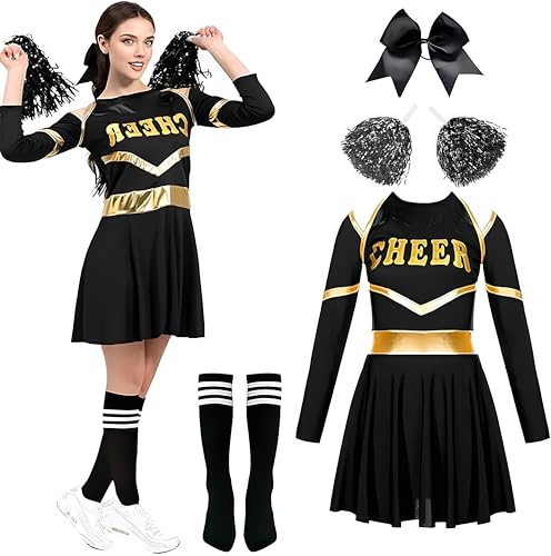 ZeiLaBang Kakadi Cheerleader Kostüm Damen für Erwachsene,Kostüm Cheerleader,Cheerleadering Outfit Fancy Dress Uniform,Cheerleadering Outfit Mädchen,Pompoms und Socken für Karneval, Mottoparty