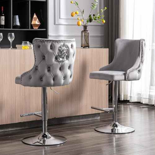 chairus Juego de 2 Taburetes Bar Lujo Sillas de Isla de Cocina con Respaldo de León, Taburetes Altas con Altura Ajustable Sillas Altas deTerciopelo para Cocina/Barra, Gris