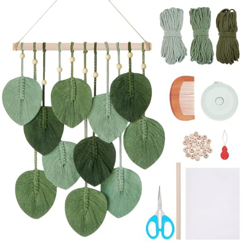 FREEBLOSS Kit de tapiz de macramé para colgar en la pared, diseño de hojas bohemias, kit de macramé para principiantes, tejido hecho a mano, tapiz colgante bohemio para sala de estar y dormitorio