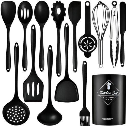 Set di 15 utensili da cucina in silicone con manici in acciaio inossidabile, resistenti al calore e antiaderenti, con portautensili, lavabili in lavastoviglie, neri (senza BPA)