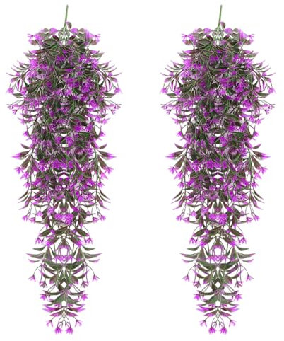 CATELL 2 Pcs Artificial Hanging Plants, Fake Hanging Plants Artificial Hanging Flowers Artificial Hanging Plant for Wall Garden Home Patio Yard Wedding Indoor Outdoor Decoration Purple