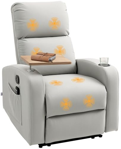 HOMCOM Sillón de Masaje con 8 Puntos de Masaje Sillón Relax Eléctrico Sofá Relax con 4 Modos Reclinación 145° Mando a Distancia Mesita 2 Bolsillos Laterales y Posavasos 77x93x105 cm Gris Claro