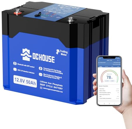 DCHOUSE 12V 50Ah LiFePO4 Bluetooth batería de litio para motor de arrastre, con puerto CC, BMS integrado de 75A, grupo BCI 47, para motor de arrastre, uso al aire libre, RV, barco y camping