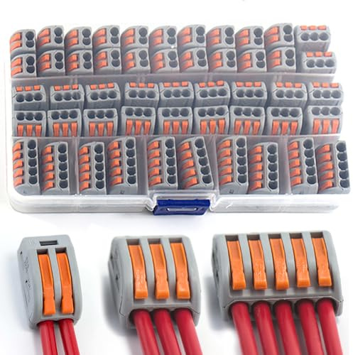 Shengbowi Compact Wire Connectors: 2/3/5-Port Lever Nut Electrical Connector Blocks, Quick Splice Push-Type Design, Flame Retardant PA/PC, Assortment Kit with Mounting Clips for 12-24AWG Wires
