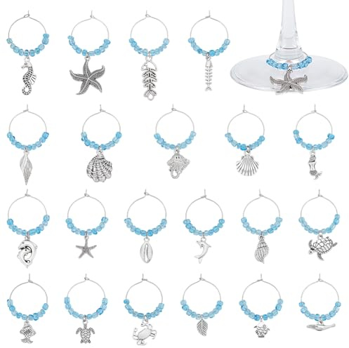 BENECREAT 21Pcs Ocean Creatures Wine Glass Charm, Turtle Starfish Conch Alloy Drink Markers Tags Identification for Stem Glass Wine Tasting Party