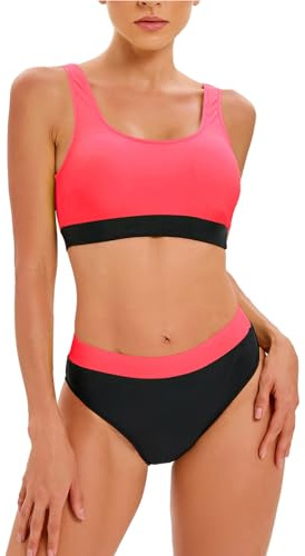 Jugaoge Costume da bagno da donna, 2 pezzi, costume da bagno sportivo, in crop top, senza maniche, reggiseno incrociato con pantaloni bikini, slip brasile, bikini tankini, taglia: S-3XL, rosa e nero