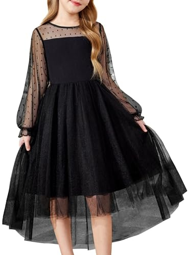 Arshiner Abito per Ragazze Nero per Feste di Halloween per Bambine Abito Invernale A Maniche Lunghe Vestito in Tulle Asimmetrico Vestito per Funerali 13-14 Anni