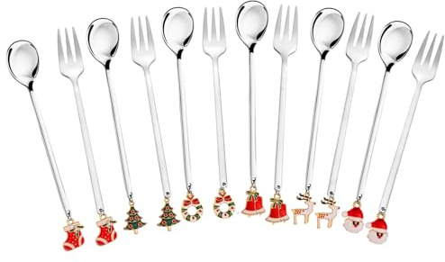 Mulaibdin 12 Stk Weihnachtslöffel & Kuchengabeln, Silber Weihnachtsbesteck, Dessertlöffel Edelstahl, Llatte Macchiato Löffel mit Weihnachtsanhänger, Teelöffel Kaffeelöffel für Weihnachten Geschenke