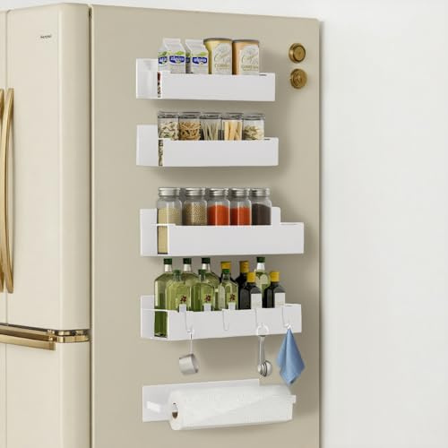 devesanter Magnetisches Gewürzregal,4 Stück Kühlschrank-Organizer,magnetisches Regal mit 1 Stück Papierhandtuchhalter,Kühlschrank Magnet Organizer mit 4 Haken,für Küchenorganisation Schwarz