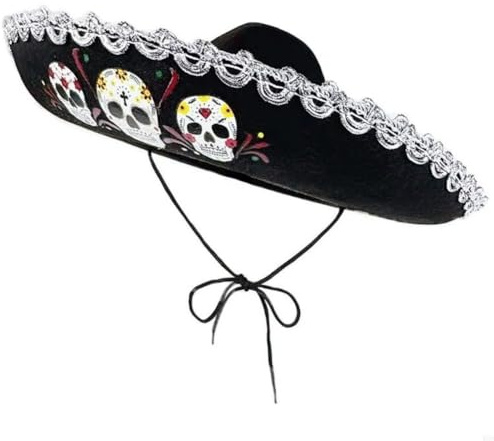 Bemvp Chapeau De Déguisement Sombrero du Jour des Morts, Déguisement De Fête Mexicaine d'halloween avec Bordure Argentée, Chapeau De Déguisement Sombrero en Forme De Crâne pour Le Cinco De May