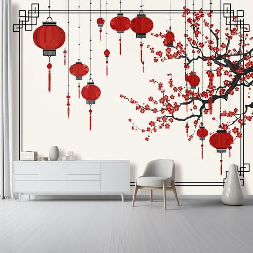 Fototapete Chinesischer Stil Pflaumenblüte Laterne muster - 400 x 280 cm Vlies-tapeten Dekoration Für Wohnzimmer Schlafzimmer Büro Kinderzimmer Korridor, Helle Farbe Poster Wanddeko Wandbild
