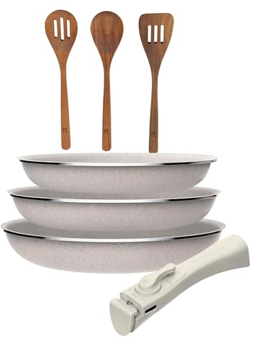 Juego de 3 sartenes San Ignacio Ø18Ø20Ø24cm aluminio prensado, antiadherente con mango extraíble+Set 3pc utensilios cocina madera acacia