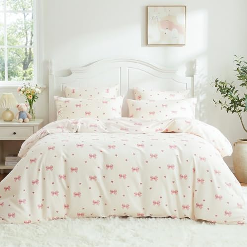 Nayoroom Bettwäsche Mädchen 135x200 Kinder Rosa Schleifen Kinderbettwäsche | Oeko-TEX, Microfaser, Bettbezug 135x200 cm + Kissenbezug 80x80 cm, Herzen, Reißverschluss