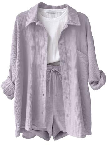 Joligiao Tvådelad damer, sommar, kortärmad muslinblus, skjorta och shorts, elegant fritidskläder, estetisk, 2-delad loungewear, strand, semester, lätt, streetwear, kostym med fickor, violett, S