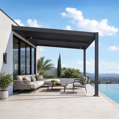 PURPLE LEAF Pergola Bioclimatica Appoggiata 2,5 x 3 m in Alluminio, Gazebo da Giardino Esterno, Lamelle Orientabili, Struttura Resistente alle Intemperie, Ideale per Terrazza, Giardino e Ingresso