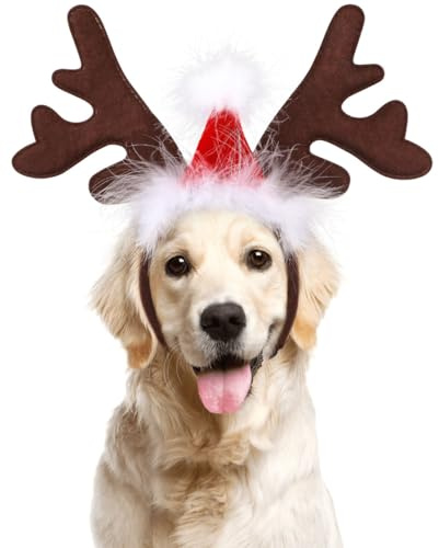 BESTOYARD Haustier Stirnband Weihnachten Rentier Geweih Stirnband mit Weihnachtsmütze Weihnachtskostüm für Haustier Hund Katze