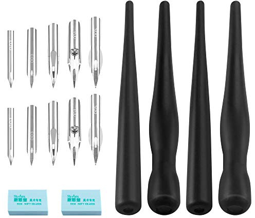 Huayue 2 set svart bläckkalligrafi, kalligrafipennor manga målarkit 4 reservoarpennhållare + 10 fjäder+2 ritsuddgummi för skissmappning (svart)