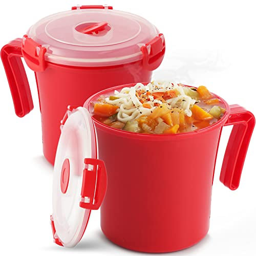 Tafura 22oz Microwave Soup Mugs with Handles, 2 Pack - Red Mug with Clear Lid