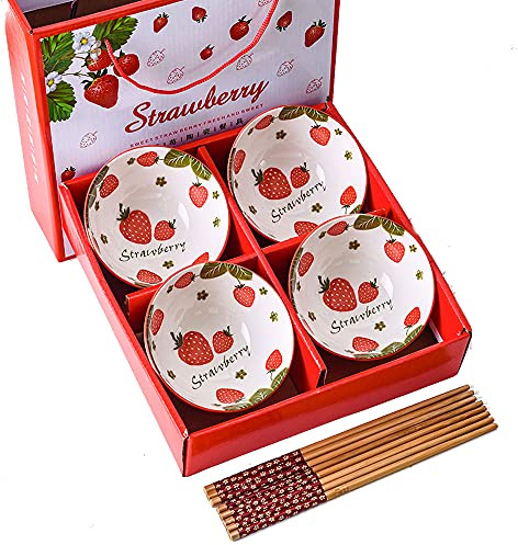 4-teiliges Keramik-Schüssel-Set Erdbeere Geschirr-Set Porzellan Schüssel Keramik Schüssel Geschenkbox Reisschalen-Sets