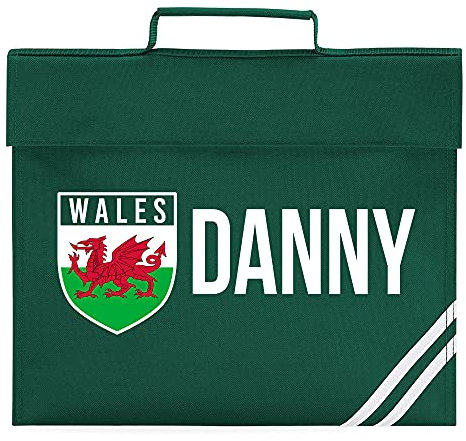 Boys Personalised Book Bag - Wales Flag Badge Custom Name Book Bag - Personalised Back to School Football Soccer Cymru Gift Idea for School Boy - Cool Unique Sport Hobby, Bottle Green