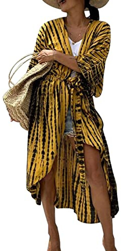 Lång strandklänning för kvinnor, damer lös sommar pareos, maxi strandklänning boho kimono lång strand kofta strandkläder, öppna blommor blus bikini täcka en storlek, GUL, En Storlek
