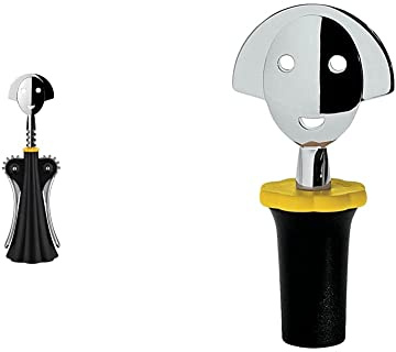 Alessi A di Alessi | AAM01B Anna G. Design Corkscrew, Resin and Chrome Zamak, Black & AAM06 B Anna Stop 2 Press Cap, Black
