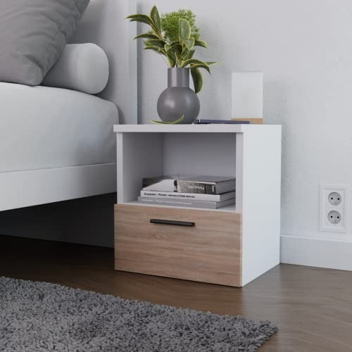 Home Glow Mesita de Noche con Cajón y Estante, Sonoma, 37 × 30 × 40 cm | Gabinete de Noche, Mesilla Moderna, Dormitorio, Estante Abierto, 1 Cajón, Diseño Compacto, Fácil Montaje