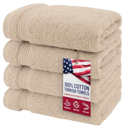 American Veteran Towel, Hand Towels for Bathroom Set of 4, 100% Cotton Turkish Hand Towel Sets, Soft Hand Face Towels, Beige Hand Towels
