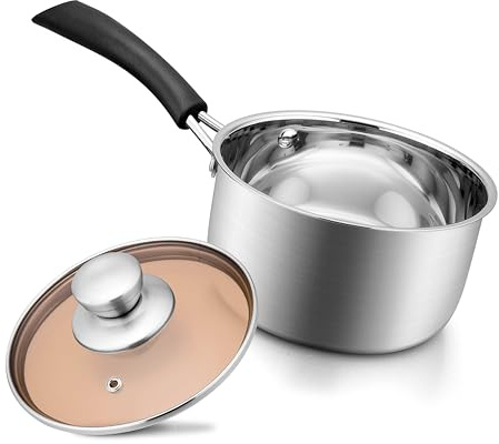 2 Quarts 18/10 Stainless Steel Saucepan, Joyfair Small Sauce Pan Milk Pot with Glass Lid for Cooking Stewing Boiling Spaghetti Soup, Extra Pan Wall & Heat-proof Bakelite Handle, Dishwasher Safe