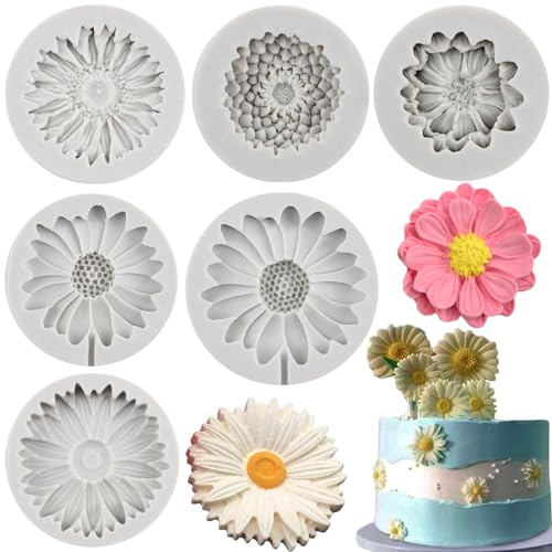 MYPRACS 6 Stück Chrysanthemen Blumen Silikonform Blumen Fondantform | Kuchen Backformen Schokoladen Süßigkeitsform Kuchendekoration Cupcake Topper Gummipaste Polymer Ton