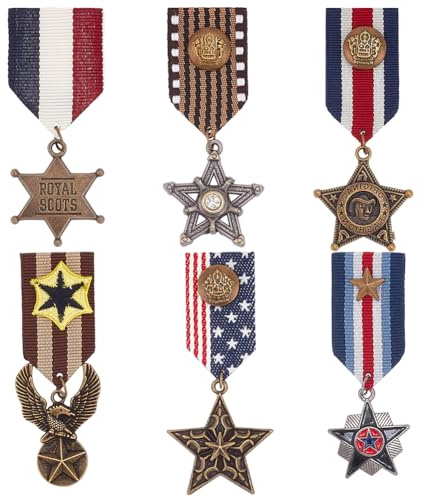 WEBEEDY 6 Stück Militärhelden-Medaillen-Abzeichen Gothic-Stern-Anhänger-Brosche Anstecknadeln Kostüm Militärhelden-Kampfmedaillen-Brosche Militärmedaillen-Zubehör Für Jacke, Uniform, Kostüm