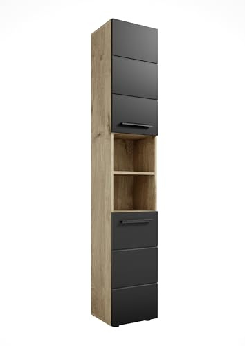 VISTA Hochschrank Badschrank in Viking Oak und Schwarz 34 x 190 x 31 cm | Badezimmer Seitenschrank, 2 Drehtüren, 2 Einlegeböden, 2 offene Fächer, Viking Oak Optik mit Schwarz matt, mit viel Stauraum