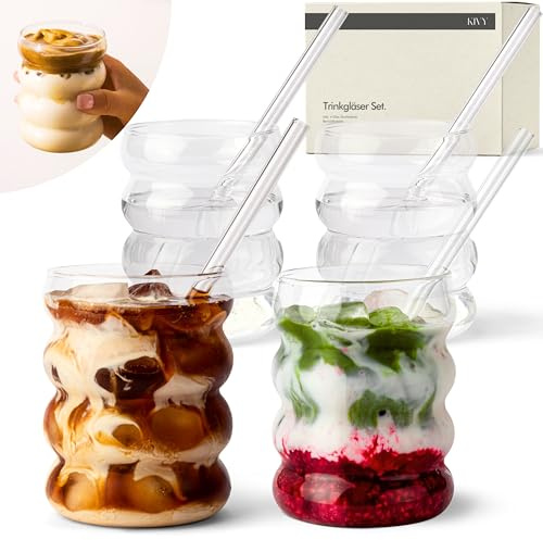 KIVY Trinkgläser Set mit Glas Strohhalm - Für Eiskaffee, Wasser & Cocktails - Longdrinkgläser Set - Kaffee & Matcha Gläser - Kaffeegläser - Latte Macchiato Gläser (Bubble 350ml)