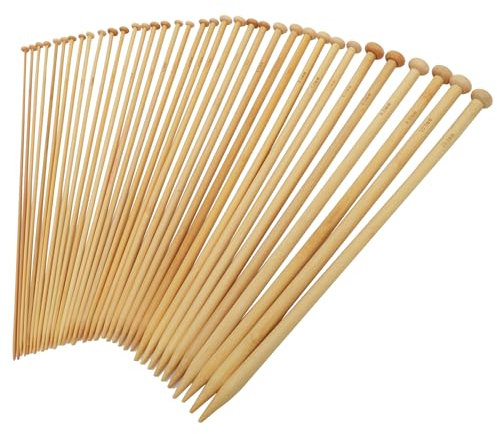 NANXJIUR 36 Pcs Single Point Bamboo Knitting Needles, 18 Sizes Bamboo Knitting Needles Set for Beginners Knitting Crochet Straight Wood Needles (25cm/9.8Inch)