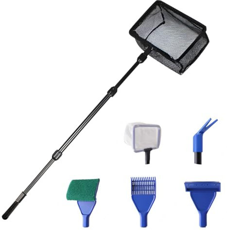 Aquarium Glasreinigungsset, WASAGA 6 Stück Aquarium-Reinigungswerkzeug mit Löffelnetz & Kiesrechen & Pflanzengabel & Algenschaber & Schwammbürste & Fischnetz