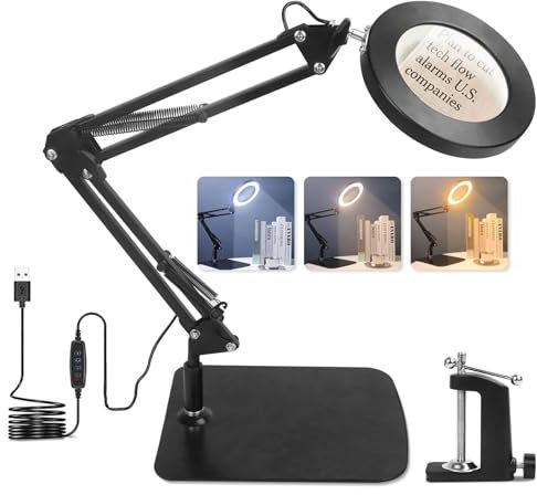 Lampe Loupe 10X Lampe De Bureau Loupe avec Lumière Et Support,OKSANO Loupe De Lecture LED avec Pinces Et Base, Lampe Loupe De Bureau 3 Couleurs 10 Luminosité pour Lecture, Réparation, Artisanat