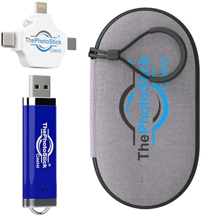 ThePhotoStick® Omni 256 GB + skyddsfodral | Säker foto- och video-säkerhetskopiering och överföring | Digital filorganisation | USB och multiportanslutning för telefoner, surfplattor och datorer |