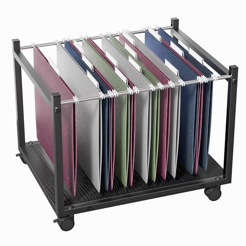 Aquzee Hanging File Organizer, Rolling File Cart with Wheels, File Folder Organizers for Desk, Home Office File Storage, Wooden File Holder Fits for Letter Size, Black