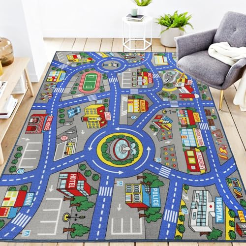 Capslpad Car Play Mat 150x200cm Non-Slip Kids Rug City Town Map Interactive Play Carpet Machine Washable Creative Educational Boy Girl Play Mat for Kids Teenager Room Nursery Playroom Decor, Blue