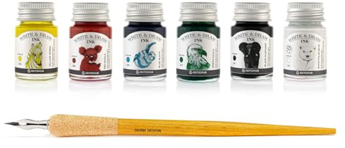 Octopus Write & Draw Ink BASIC MIX, 6x10 ml, wasserfest, mit Zeichenfeder | Mischbare Pigmenttinten mit Holz-Zeichenfeder, für Farbmischungen, Dip-Pen-Schrift, Zeichnen und Aquarelleffekte