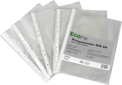 Prospekthüllen A4 PCR‑PP 60my genarbt mit Eurolochung 100Stk | 60 my starke PCR‑PP‑Folie aus recycelten Endkundenabfällen, genarbt, fotoecht und abheftbar
