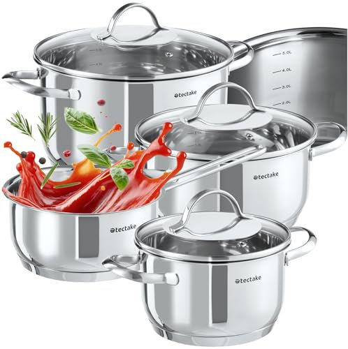 tectake® 7-tlg. Topfset, Edelstahl Kochgeschirr, Töpfe Set mit Deckel, Kochtopf Set für Induktionskochfeld, Gas- und Elektroherd geeignet, Küchensets, Topfsets für Wohnung oder Camping Geschirr