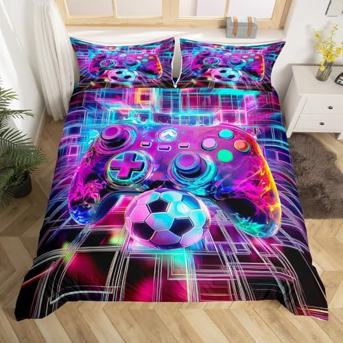 Homewish Game Consoles Boys Duvet Cover Set Single,3D Neon Cubes Gamer Bedding Sets Gaming Comforter Cover Soccer Sport Ball Football Bed Set,Gamer Decor for Boys Bedroom Decor