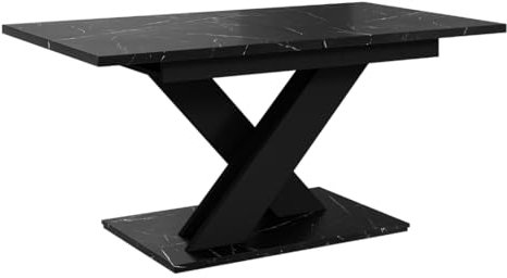 PROROOM FURNITURE - Onyx Table - Esstisch - Rechteckig - 140x80x75 cm - Ausziehbar auf 180 cm - Säulentisch - mit X-Gestell - Modern - für Esszimmer, Küche, Wohnzimmer, Salon (Schwarz Marmoroptik)