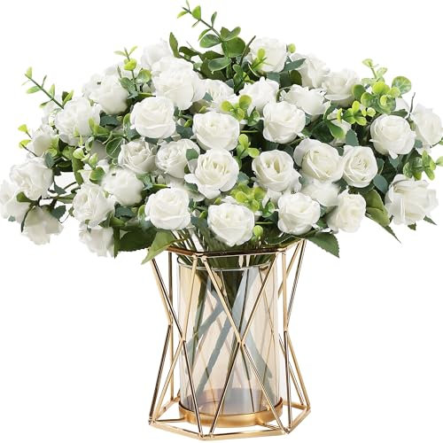 HNVNER 4 Bunches Small Rose Artificial Flowers White Faux Roses Flower Bouquets for Graves Wedding Table Home decor