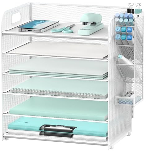 SUPEASY 6-Tier Briefablage mit 4-Stift-Haltern, Mesh Schreibtisch Organizer Brief Tray mit Griff, Papier Organizer für A4 Datei Ordner, Weiß