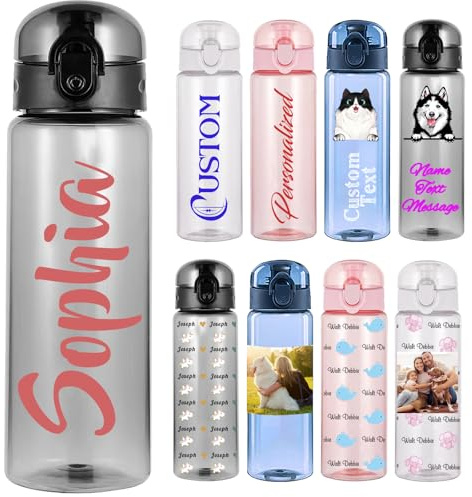 Xsersao Personalisiertes 780 ml Wasserflasche mit Foto & Name Transparente Sportflasche aus Kunststoff für Frauen Männer Kinder Fitness und Outdoor - Vertikaler Text Schwarz