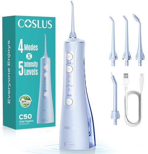 COSLUS C50 Portable Water Flosser for Teeth: 4 Modes & 5 Intensity Levels Professional Electric Dental Pick for Sensitive Gums, Braces & Orthodontic - Cordless for Travel Use, for Adults, BPA-Free
