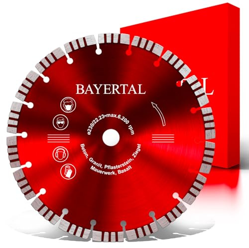 BAYERTAL® Diamanttrennscheibe 230 mm für Stein, Stahlbeton, Pflaster- und Natursteine, Klinker, Granit, Asphalt & Basalt – Turbo Diamantscheibe - 22,23 mm Aufnahme für Flex – Profi Qualität