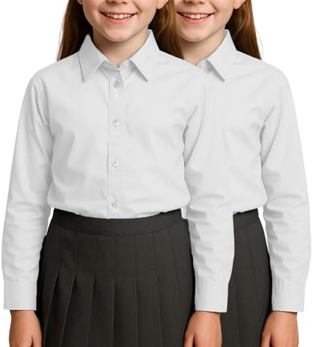 SchoolStitch® Twin Pack Girls School Shirts, Long Sleeve White Blouse
